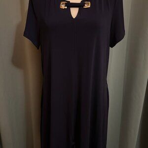 Nina Leonard Navy Shift Dress Gold Hardware Neckline XL
